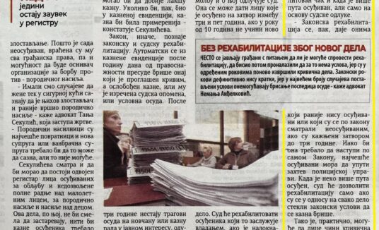 Večernje Novosti | Advokat Nemanja Anđelković o mogućnosti rehabilitacije osuđenih lica